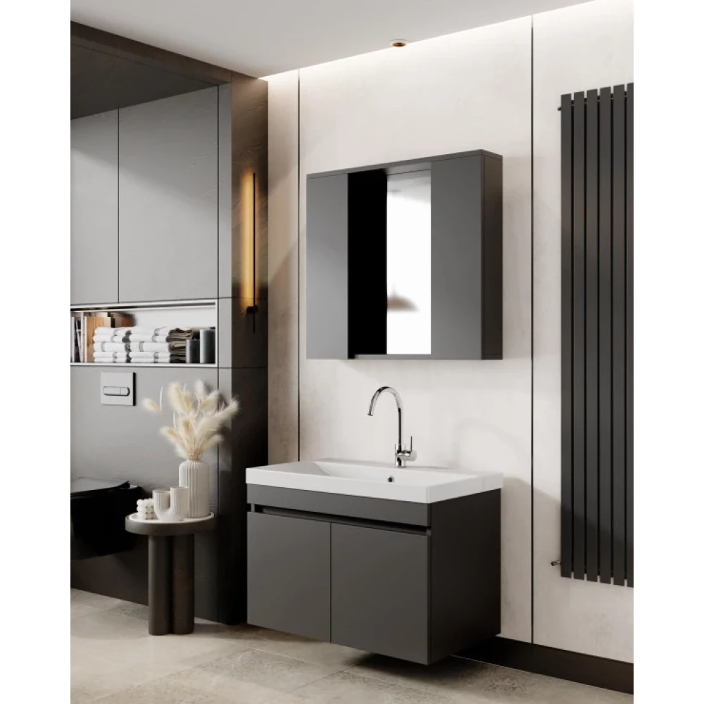 Karen Banyo Arya Banyo Dolabi Seti 80 Cm, Mat Antrasit, Lavabo Dahil,Lavabolu... Banyo Dolabı / Mobilyası Fiyatı