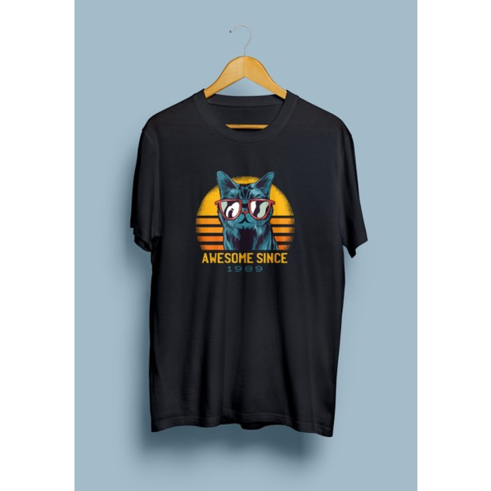 Karga Shop Awosome Since 1989 Gözlüklü Kedi Tasarım Baskılı Tişört Erkek T-shirt Fiyatı