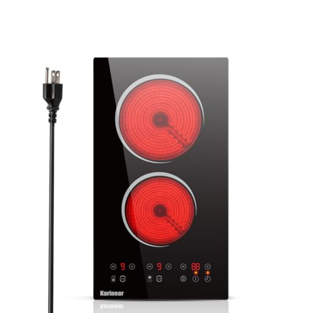 Karinear 110V Electric Cooktop 2 Burner - 12 Inch Plug in Electric Stove 110v, Countertop & Built-in Ceramic Cooktop, 2000W, Timer, Safety Lock, Residual Heat Indicator, Overheat Protection