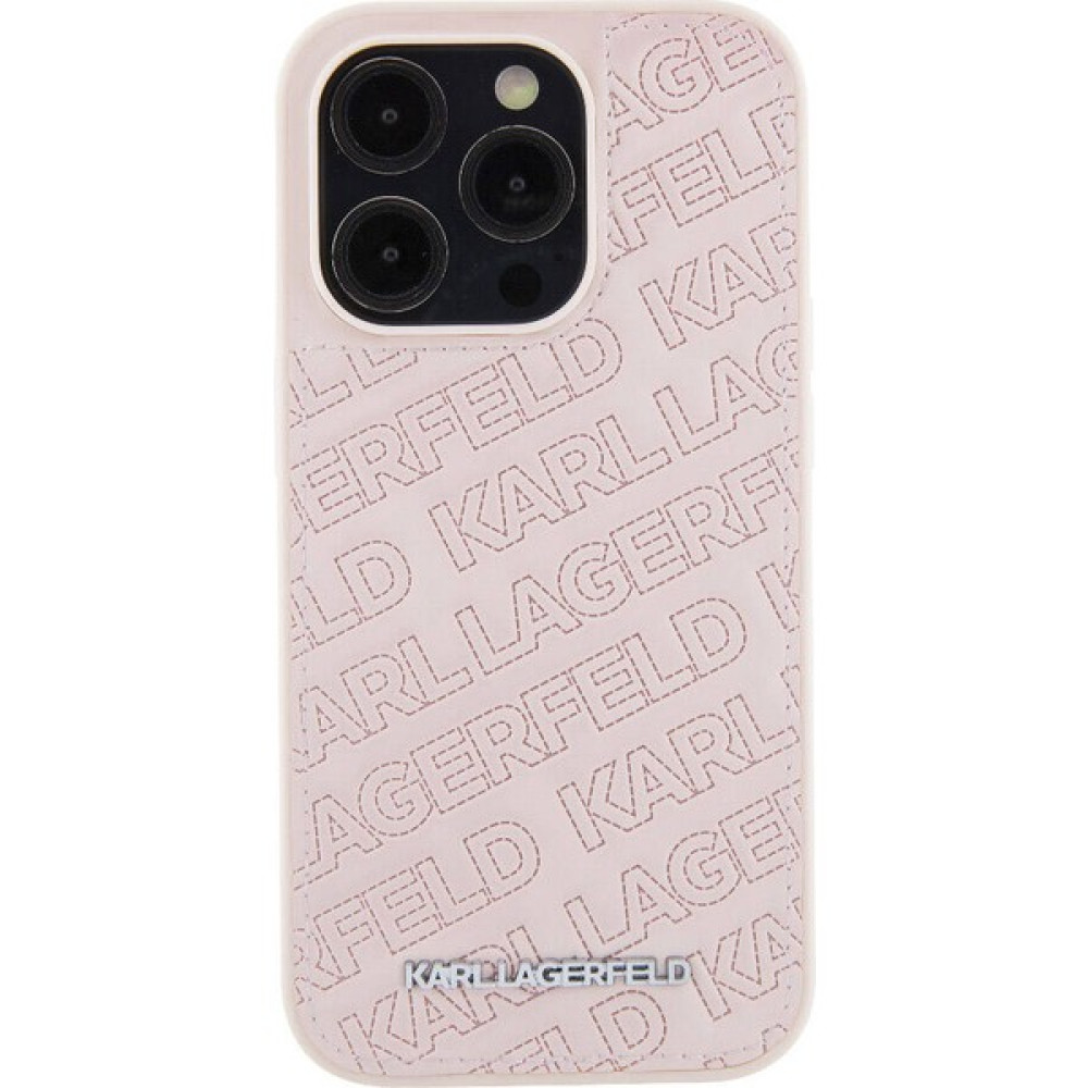 KARL LAGERFELD Apple iPhone 15 Pro Max Karl Lagerfeld Lisanslı Metal Yazı Logolu Dikişli Logo Kapitone Pembe Cep Telefonu Kılıfı Fiyatı