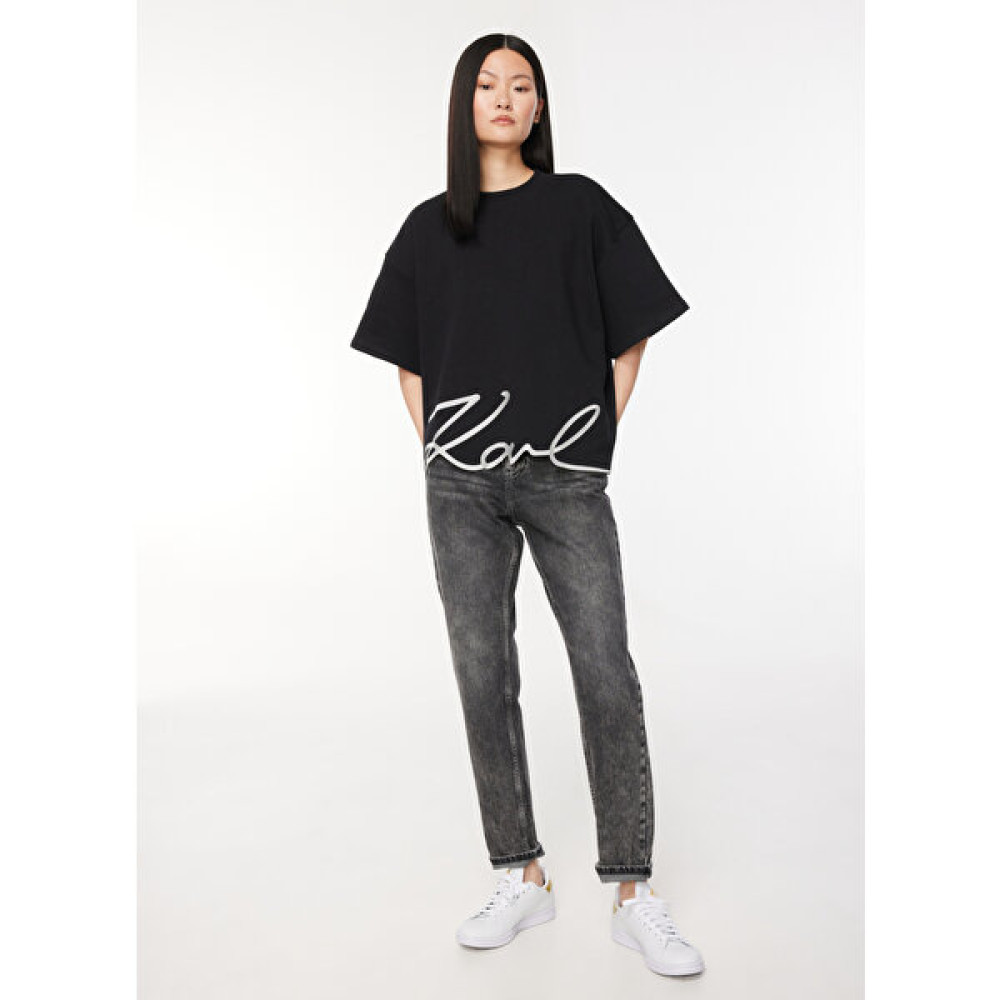 Karl Lagerfeld Bisiklet Yaka Baskılı Siyah Kadın T-Shirt 236W1801 Bayan T-shirt Fiyatı