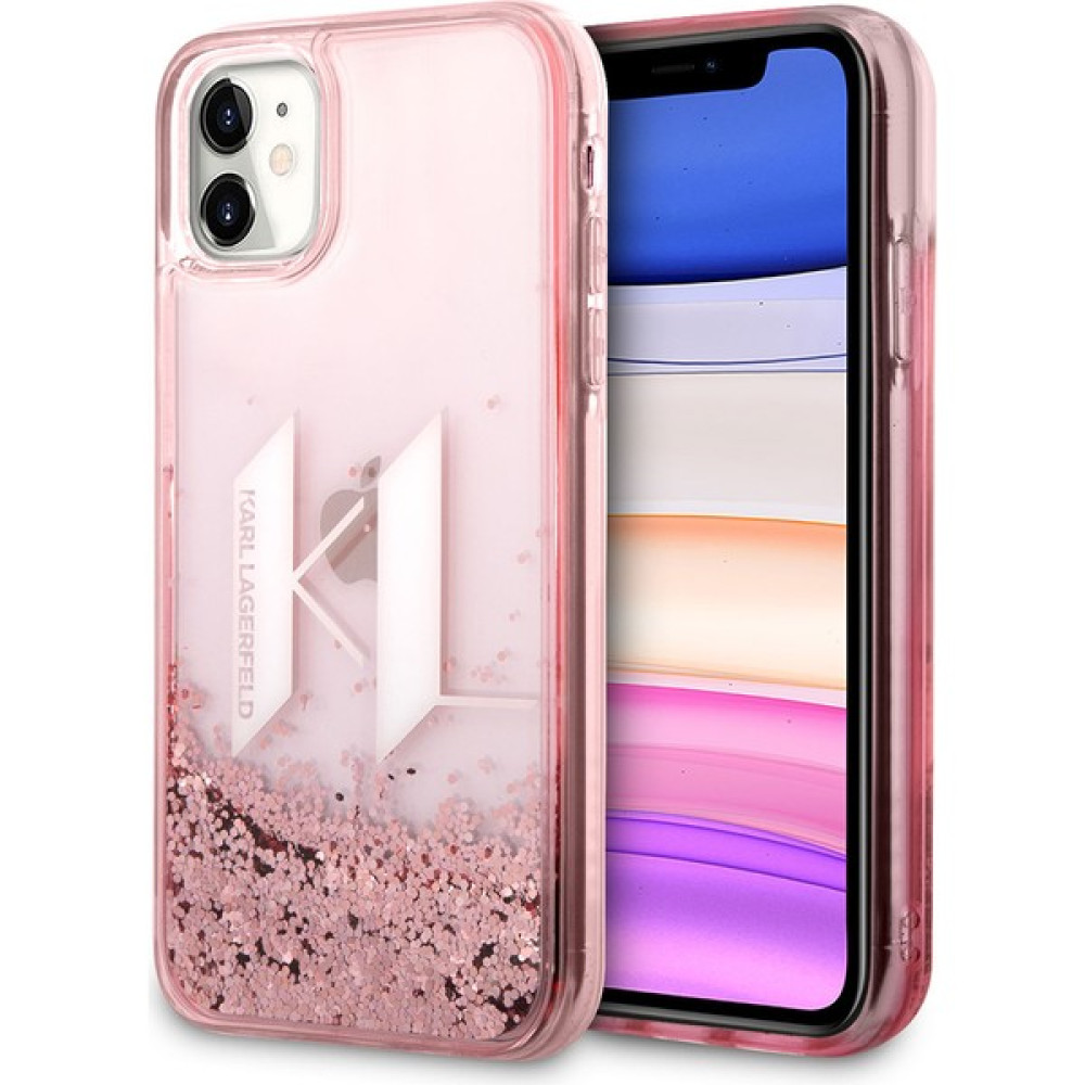 KARL LAGERFELD iPhone 11 Uyumlu Kılıf Karl Lagerfeld Sıvılı Simli Dizayn Kapak - Pembe Cep Telefonu Kılıfı Fiyatı