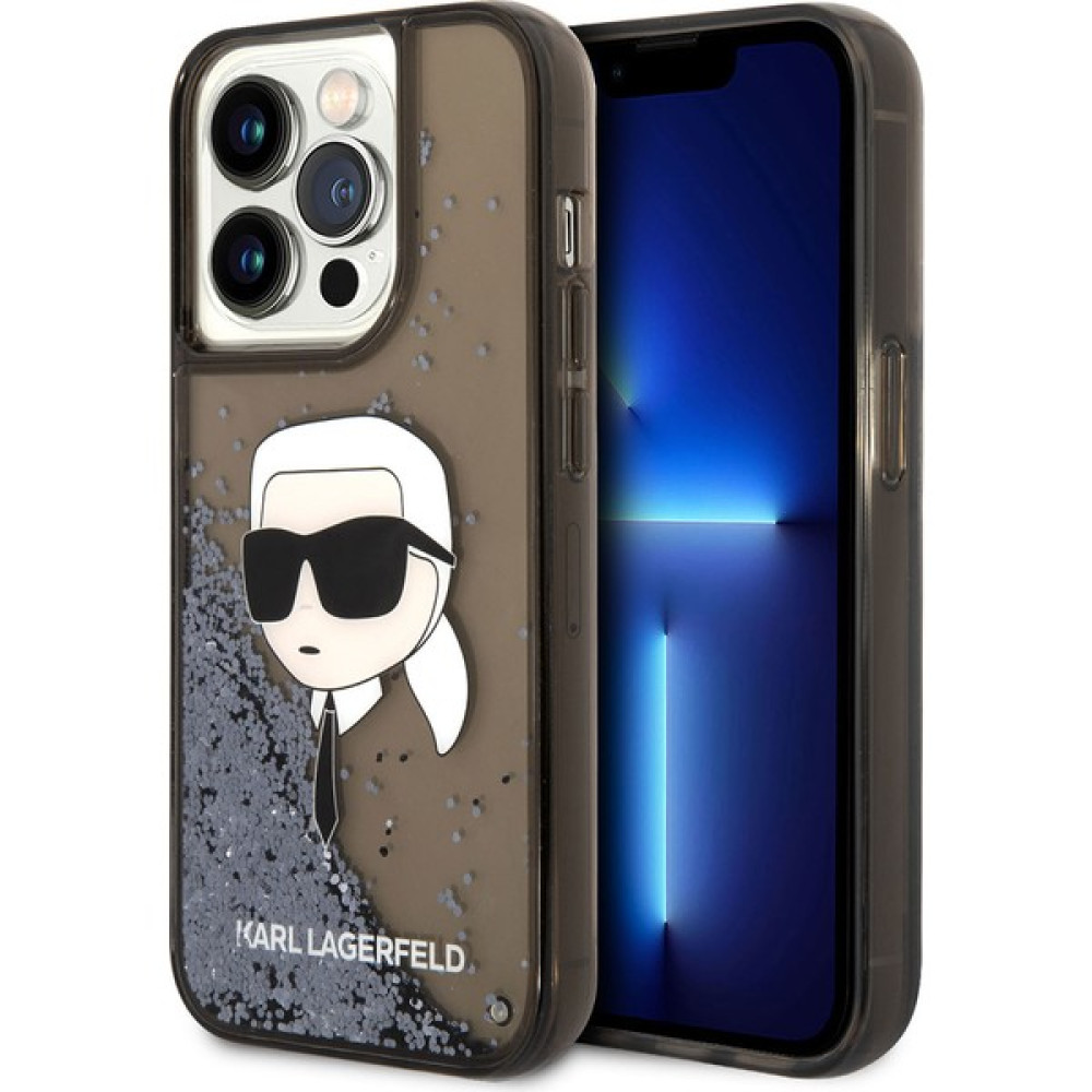 KARL LAGERFELD iPhone 14 Pro Uyumlu Kılıf Karl Lagerfeld Sıvılı Simli Karl Head Dizayn Kapak - Siyah Cep Telefonu Kılıfı Fiyatı