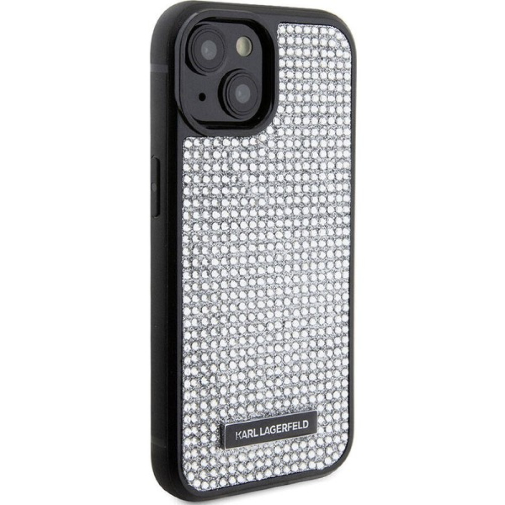 KARL LAGERFELD iPhone 15 Plus Uyumlu Kılıf Karl Lagerfeld Taşlı Metal Logo Orjinal Lisanslı Kapak Gümüş Cep Telefonu Kılıfı Fiyatı