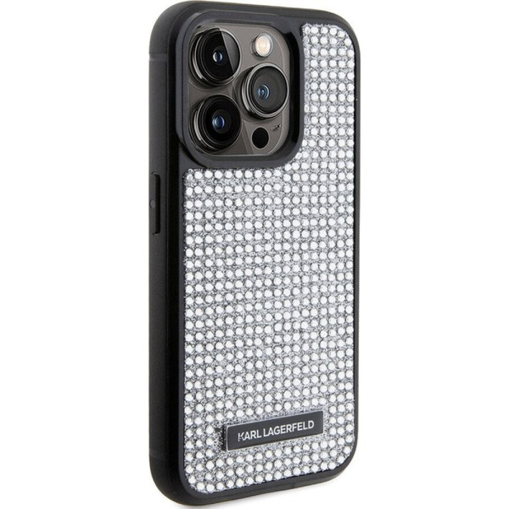 KARL LAGERFELD iPhone 15 Pro Max Uyumlu Kılıf Karl Lagerfeld Taşlı Metal Logo Orjinal Lisanslı Kapak Gümüş Cep Telefonu Kılıfı Fiyatı