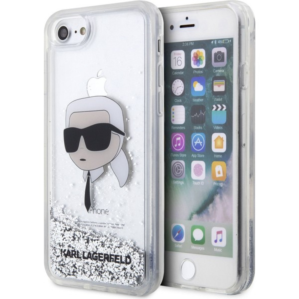 KARL LAGERFELD iPhone 7 Uyumlu Kılıf Karl Lagerfeld Sıvılı Simli Karl Head Dizayn Kapak - Gümüş Cep Telefonu Kılıfı Fiyatı
