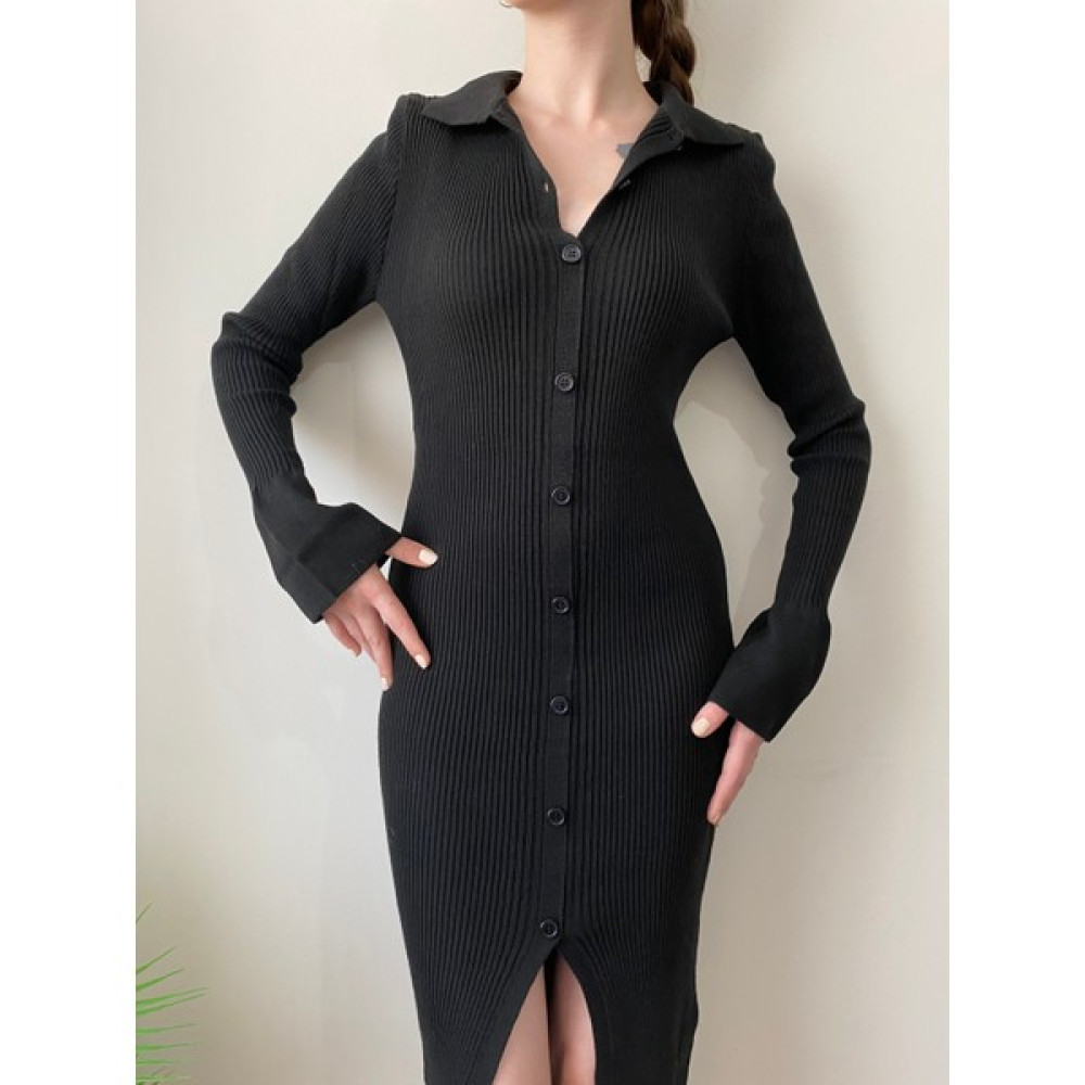 Karma Collection Siyah Renk Düğme Detaylı Polo Yaka Triko Elbise Elbise Fiyatı