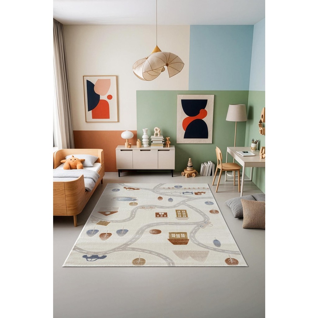 Karmen Halı Icon Kids IC012R Krem Renk Akrilik Trafik Yolu Desenli Çocuk Odası Halısı - 150 x 230 cm SSD / Solid State Drive Fiyatı