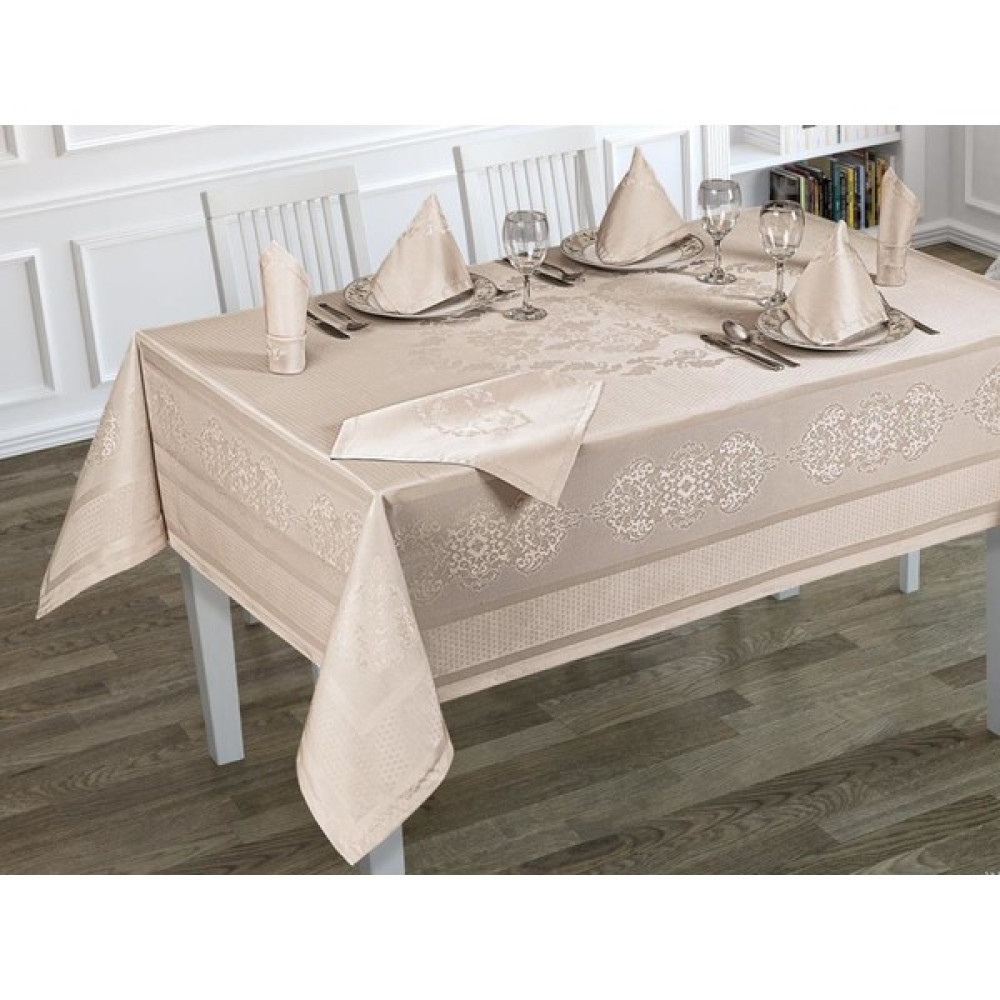 Karna Home Caramel Jakarlı Masa Örtüsü Seti 8 Kişilik 160x300 cm - Bej - 160 x 300 cm Masa Örtüsü Fiyatı