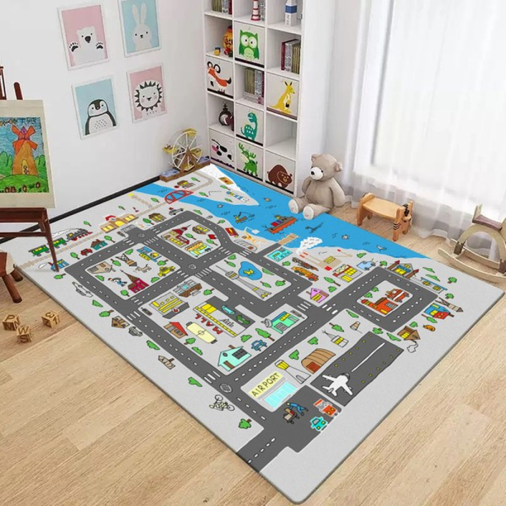 Karnaval Deniz Kenarı Renkli Şehir Yol Desenli Çocuk Oodası Oyun Halısı 50 x 80 cm - Gri Bebek Odası Halı Fiyatı