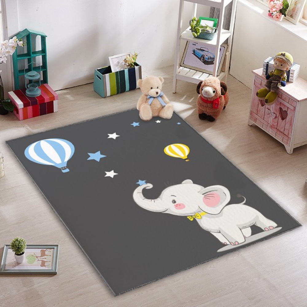 Karnaval Papyonlu Fil ve Balonlar 50 x 80 cm - Gri Bebek Odası Halı Fiyatı