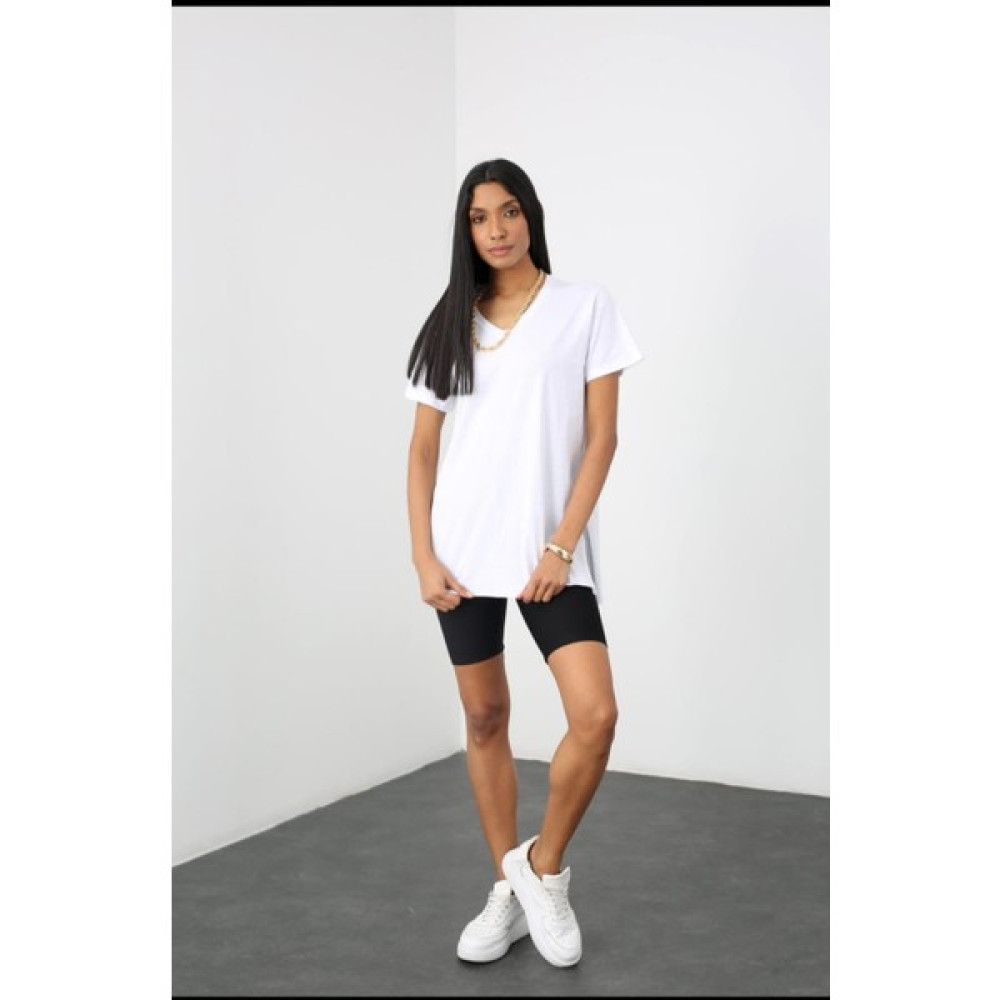 Karol Basic Moda Ens'ten Kısa Kollu V Yaka Uzun Iki Yanı Yırtmaçlı Tshirt Bayan T-shirt Fiyatı