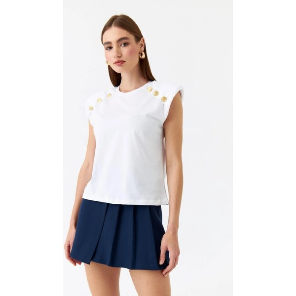 Karol Vatkalı Sıfır Kol Düğmeli Siyah Kadın Tişört Bayan T-shirt Fiyatı