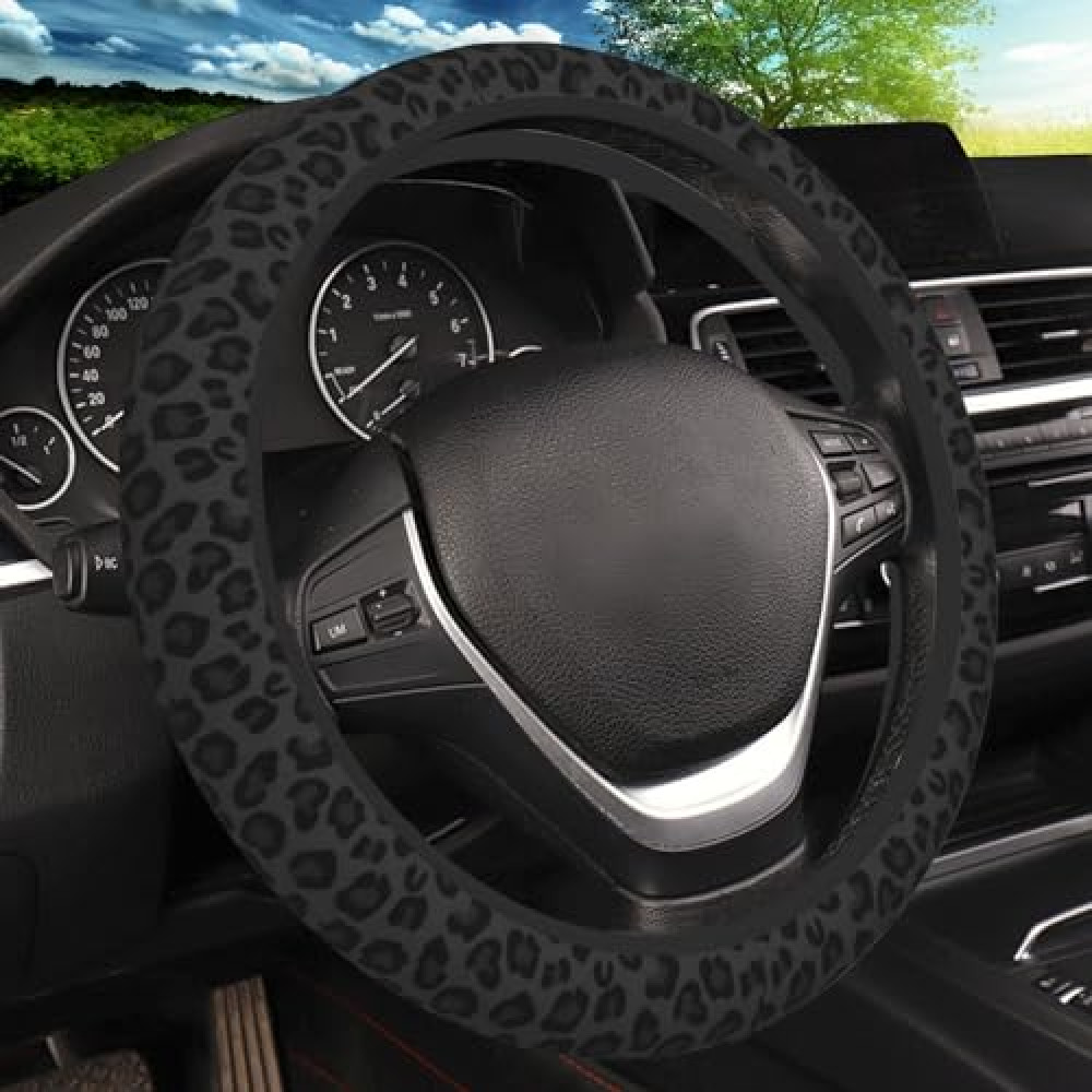 KARREAL Black Leopard Print Cheetah Elastic Steering Wheel Cover, Non-slip Breathable Neoprene Steering Wheel Covers, Women Leopard Car Accessories, Universal 15 Inch Fit Auto, Suvs, Truck
