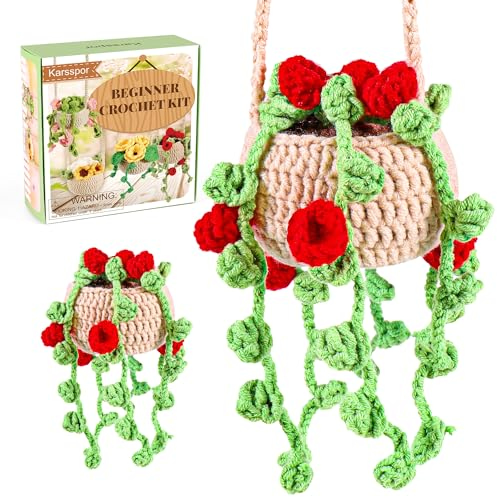 Karsspor Hanging Plant Crochet Kit, Crochet Kit for Beginners, Complete Starter Crochet Kit with Instruction, Quality Materials, Beginner Crochet Kit for Adults and Kids - Red Flowers