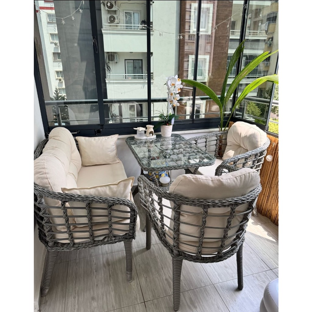 Kartepe 2 1 1 Rattan Bahçe Balkon Takımı,GRİ RATTAN/KREM KUMAŞ - Gri Bahçe Mobilyası Takımı Fiyatı