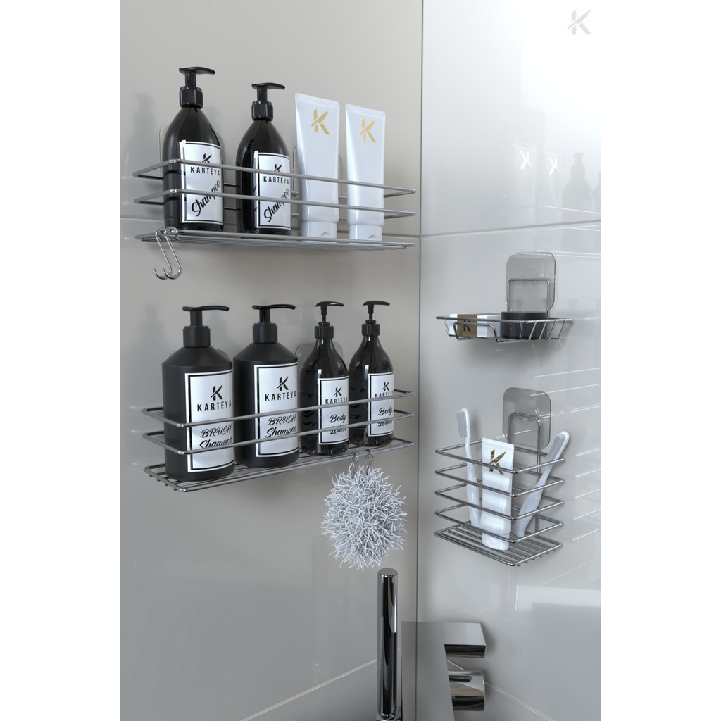 Karteya Paslanmaz Yapışkanlı Gümüş Metal Banyo Rafı Düzenleyici 4'lü Set Kancalı Duş Rafı Sabunluk Rafı Diğer Fiyatı