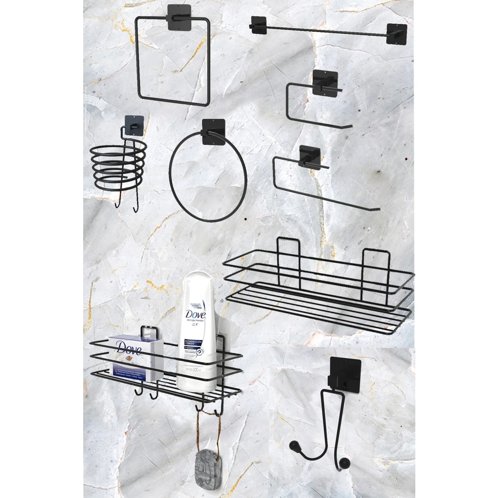Karteya Siyah Banyo Aksesuarları 9'lu Set Fön Makinesi Askısı Havluluk ve Kağıtlık El / Yüz Havlusu Fiyatı