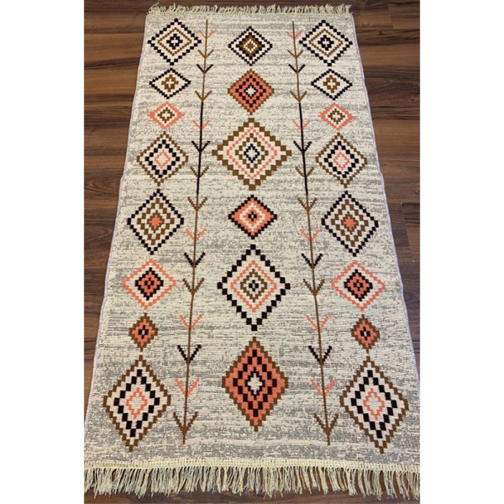 Karun Kilim Çift Taraflı Yıkanabilir Mistik Desenli Dokuma Kilim - Krem - Kahverengi - 80 x 150 cm Kilim Fiyatı