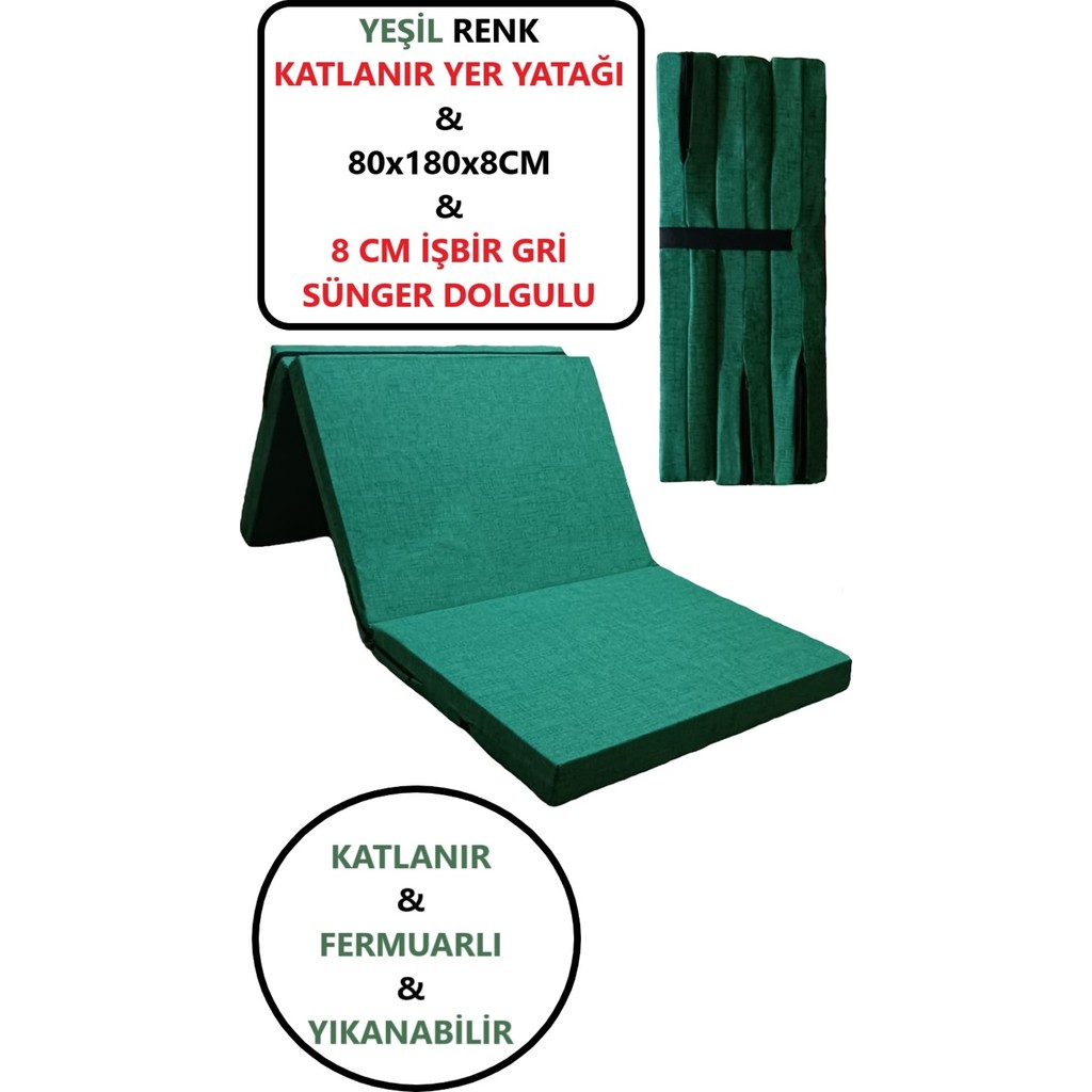Katlanır Yer Yatağı Tek Kişilik Sünger Katlanır Yatak 80X180 cm 8 cm Gri Kalın Sünger Yeşil - 80 X 180 Diğer Fiyatı