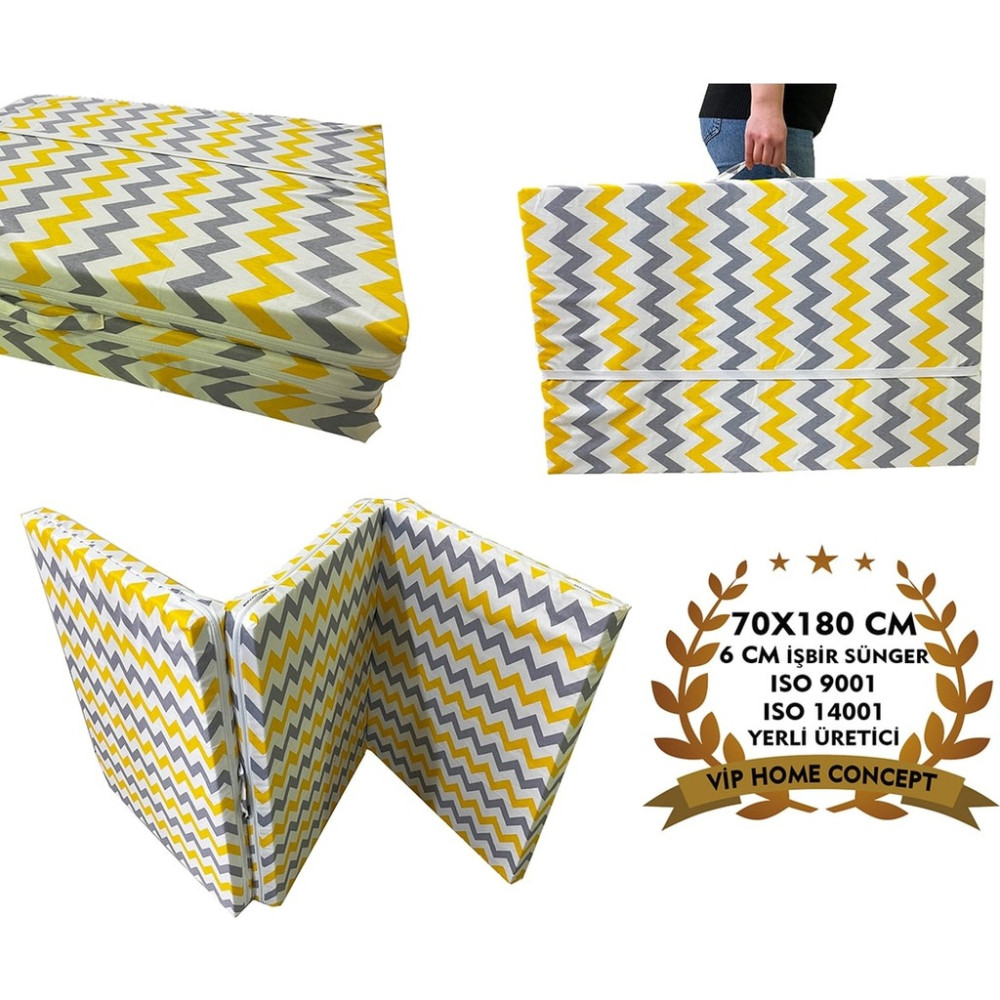 Katlanır Yer Yatağı ve Tek Kişilik Sünger Katlanır Minder Yatak 70X180 cm 6 cm Sarı Gri Zikzak - Çok Renkli - 70 x 180 cm Yatak Fiyatı