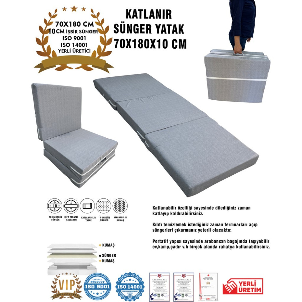 Katlanır Yer Yatağı ve Tek Kişilik Sünger Katlanır Minder Yatak 70X180X10 Cm-Gri - Çok Renkli - 70 x 180 cm Yatak Fiyatı