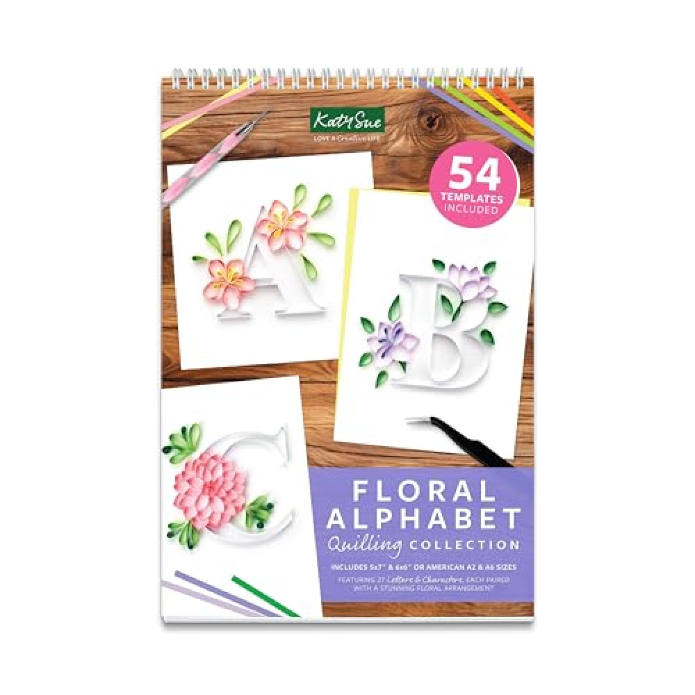 Katy Sue Floral Alphabet Collection Paper Quilling Template Pad. A Spiral-Bound Pad with 54 Pre-Printed Templates Featuring 26 Letters of Alphabet in 5x7 Inch & 6x6 Inch (& Fits American A2 & A6)