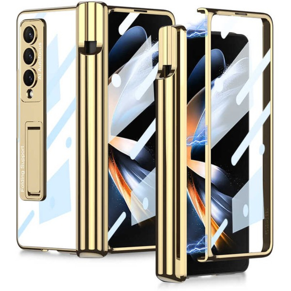 kavim Samsung Galaxy Z Fold 4 Kılıf Kalem Bölmeli Standlı Kapaklı Katlanabilir Parlak Darbe Emici Kapak - Gold Cep Telefonu Kılıfı Fiyatı