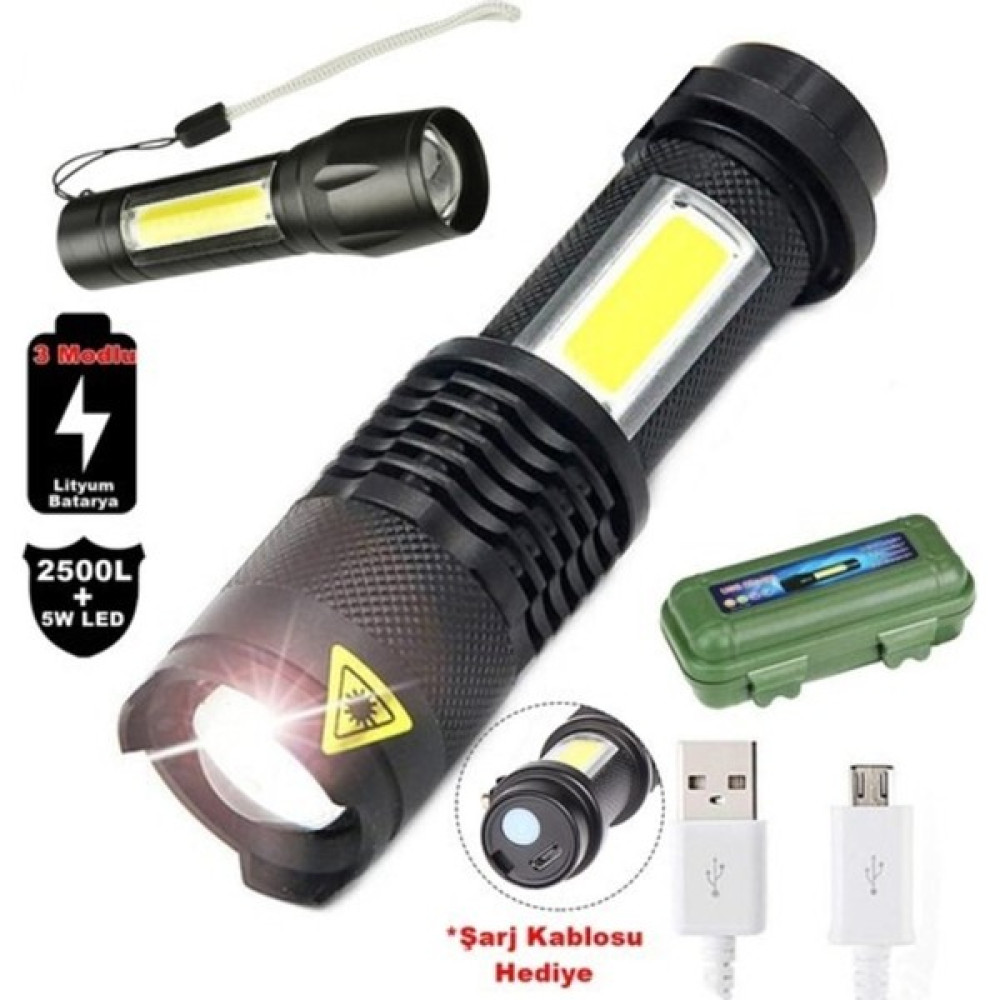 Kayamu 2500 Lumens + 5W Cob LED USB Lion Şarjlı Ultra Güçlü Q5 Xpe Su Geçirmez Şarjlı El Feneri El Feneri Fiyatı