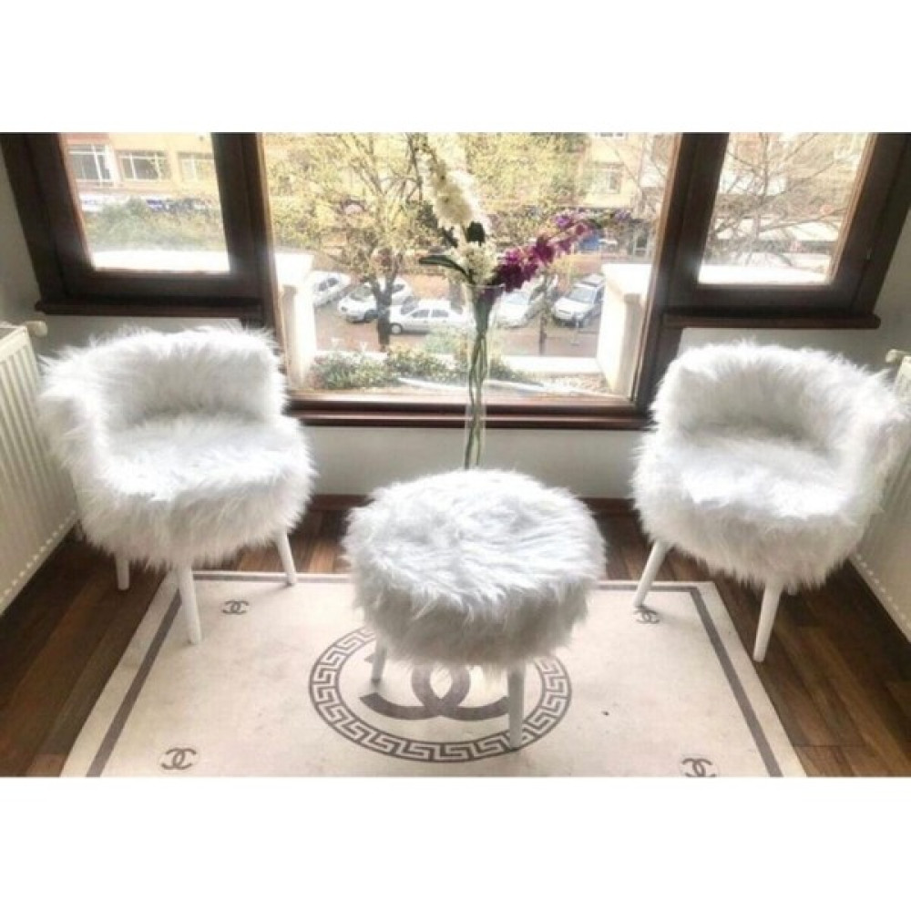 Kayla Home Peluş Berjer Puf 3'lü Takım - Beyaz Tekli Koltuk & Berjer Fiyatı