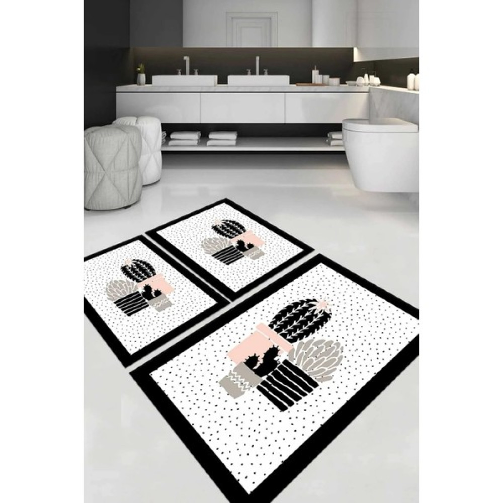 Kaymaz Tabanlı Leke Tutmaz Yıkanabilir 3lu (60 x 100) 2(50 x 60) Beyaz Kaktus Desenli Banyo Halısı Banyo Paspası Klozet Takımı Klozet Takımı Fiyatı