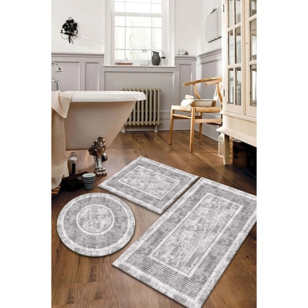 Kaymaz Tabanlı Leke Tutmaz Yıkanabilir 3lu (60 x 100) 2(50 x 60) Gri Kalsik Desenli Banyo Halısı Banyo Paspası Klozet Takımı Klozet Takımı Fiyatı