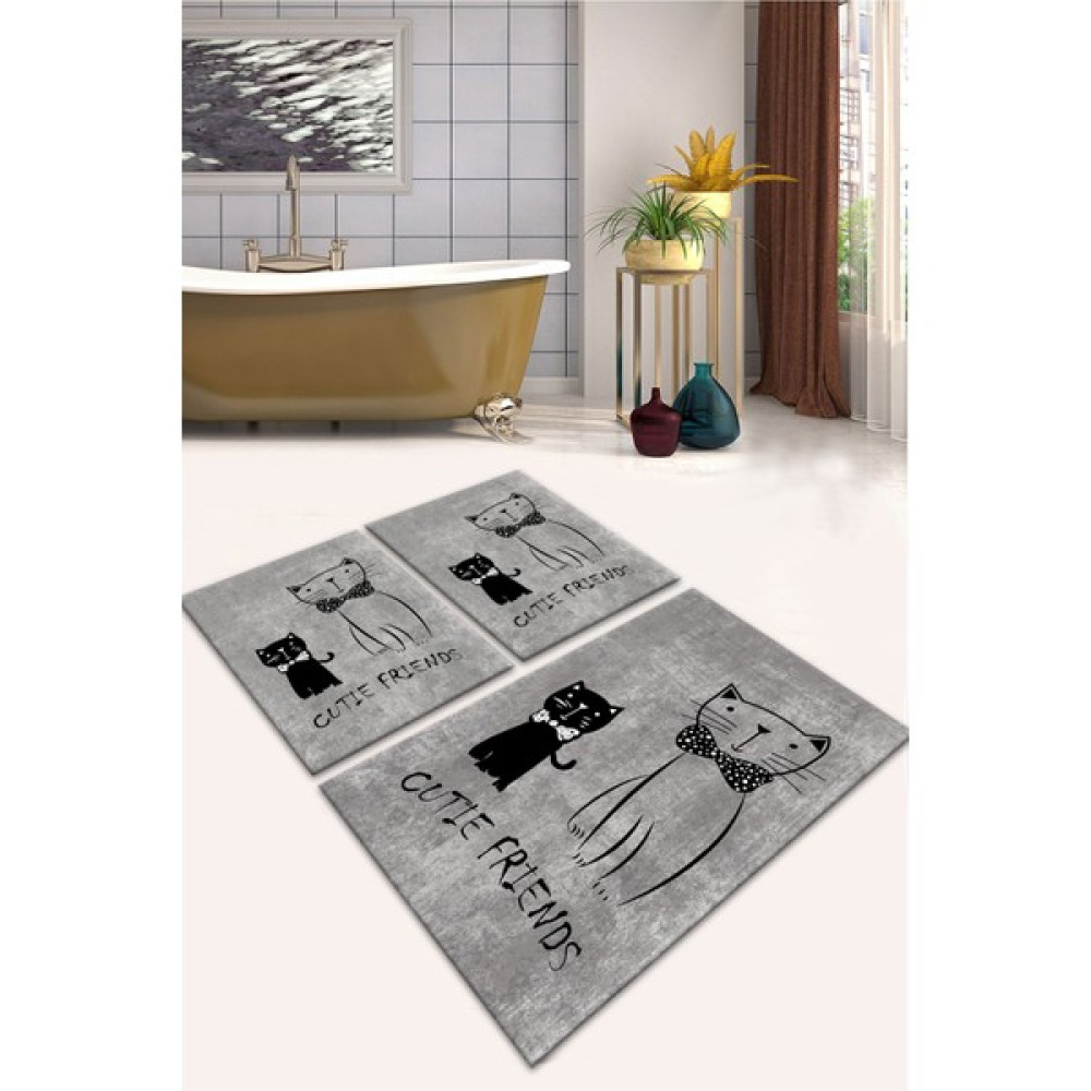 Kaymaz Tabanlı Leke Tutmaz Yıkanabilir 3lu (60 x 100) 2(50 x 60) Gri Kedi Desenli Banyo Halısı Banyo Paspası Klozet Takımı Klozet Takımı Fiyatı
