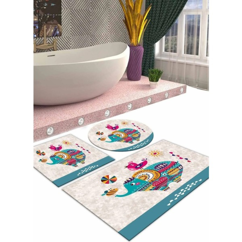 Kaymaz Tabanlı Leke Tutmaz Yıkanabilir 3lu (60 x 100) 2(50 x 60) Krem Fil Desenli Banyo Halısı Banyo Paspası Klozet Takımı Klozet Takımı Fiyatı