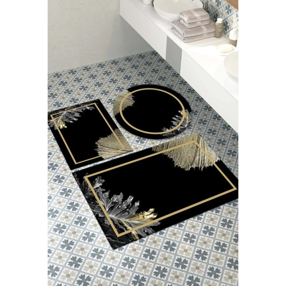 Kaymaz Tabanlı Leke Tutmaz Yıkanabilir 3lu (60 x 100) 2(50 x 60) Siyah Kalsik Desenli Banyo Halısı Banyo Paspası Klozet Takımı Klozet Takımı Fiyatı