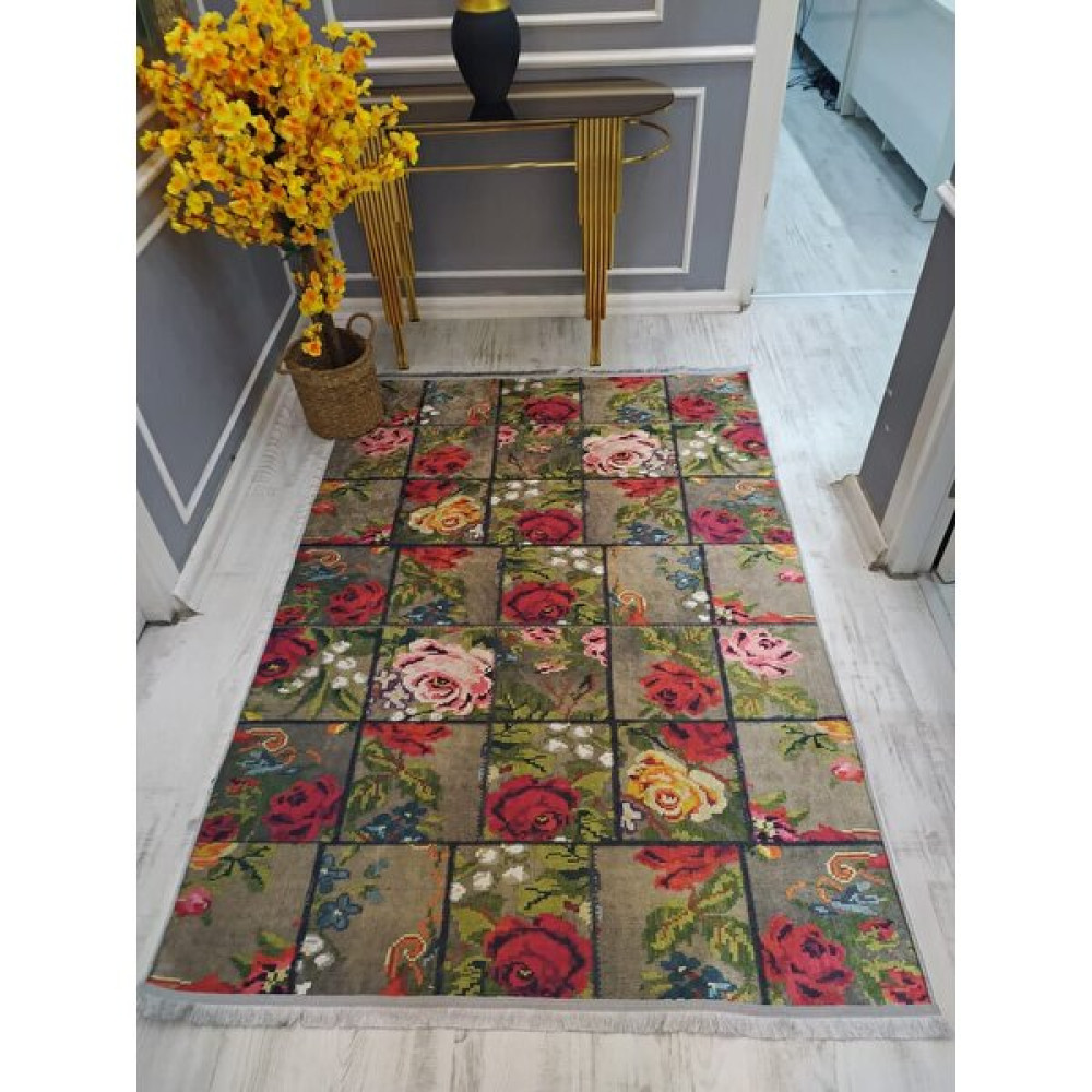 Kaymaz Tabanlı Yıkanabilir Karabağ Kilim Desenli Dokuma Taban Halı - Renkli - 80 x 150 cm Salon Halısı Fiyatı