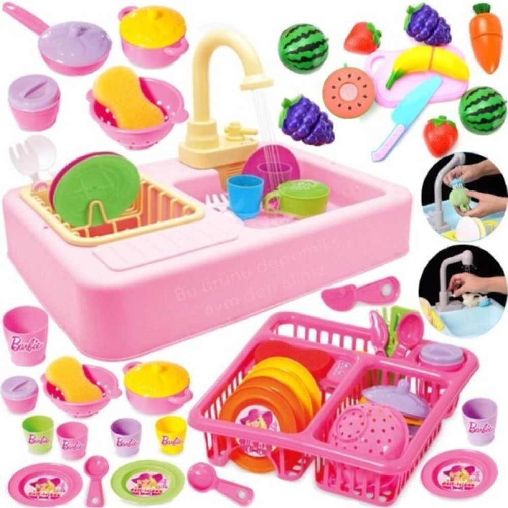 Kayyum Oyuncak Mutfak Çeşmeli Lavabo Set + Barbie Bulaşıklık + Tabaklar + Kesilebilen Meyve Set Dep - Renkli Eğitici Oyuncak Fiyatı
