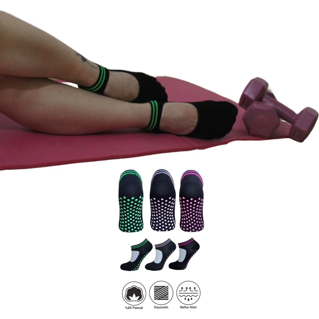 KBS 3 Çift Pamuklu Renkli Kaymaz Taban Silikon Baskılı Yoga Fitness Pilates Ve Aktivite Kadın Çorabı - Karışık-Çok Renkli - 36 - 41 Çorap (Outdoor) Fiyatı