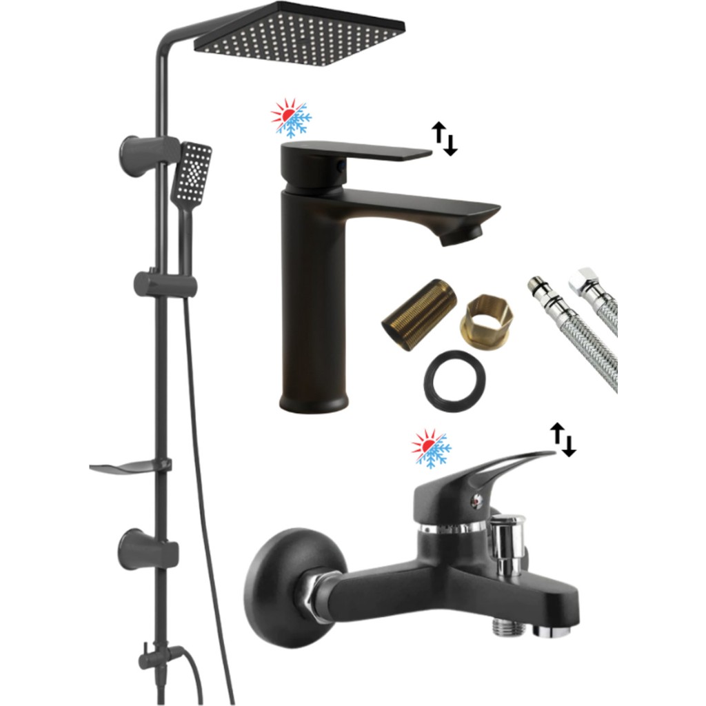 Kca Armatür 3'lü Full Lüx Set Robot - Sabit Banyo Lavabo Bataryası - Banyo Duş Bataryası Musluğu - Siyah Bataryalar & Musluklar Fiyatı