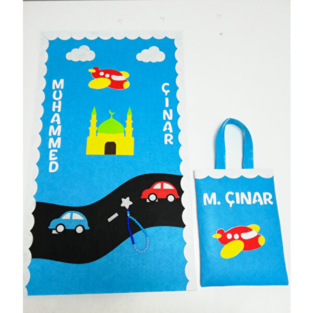 Keçeli Dünyam Isme Özel Çocuk Seccadesi Takımı (Seccade, Seccade Çantası ve Tespih),(Keçe Kumaştan) - 50 x 85 cm - Mavi Seccade Fiyatı