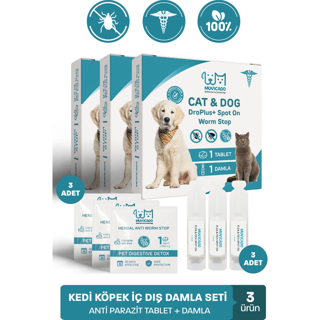 Kedi Köpek Herbal Worm Stop Bitkisel Tablet 250 Mg+ Anti Spot On Bitkisel Damla 1 ml Bit Pire Kene Köpek Iç Dış Bitkisel Parazit Kedi Iç Dış Doğal ... Diğer Fiyatı