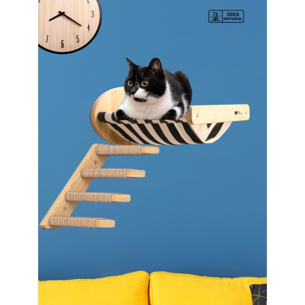Kedi Yatağı, Kedi Yuvası, ve Kedi duvar yatağı, Kedi hamağı, + Sol Tip Kedi Tırmanma Merdiveni, 2li Ahşap Modern Set, BuShop Black Zebra Serisi Evcil Hayvan Ürünleri Fiyatı