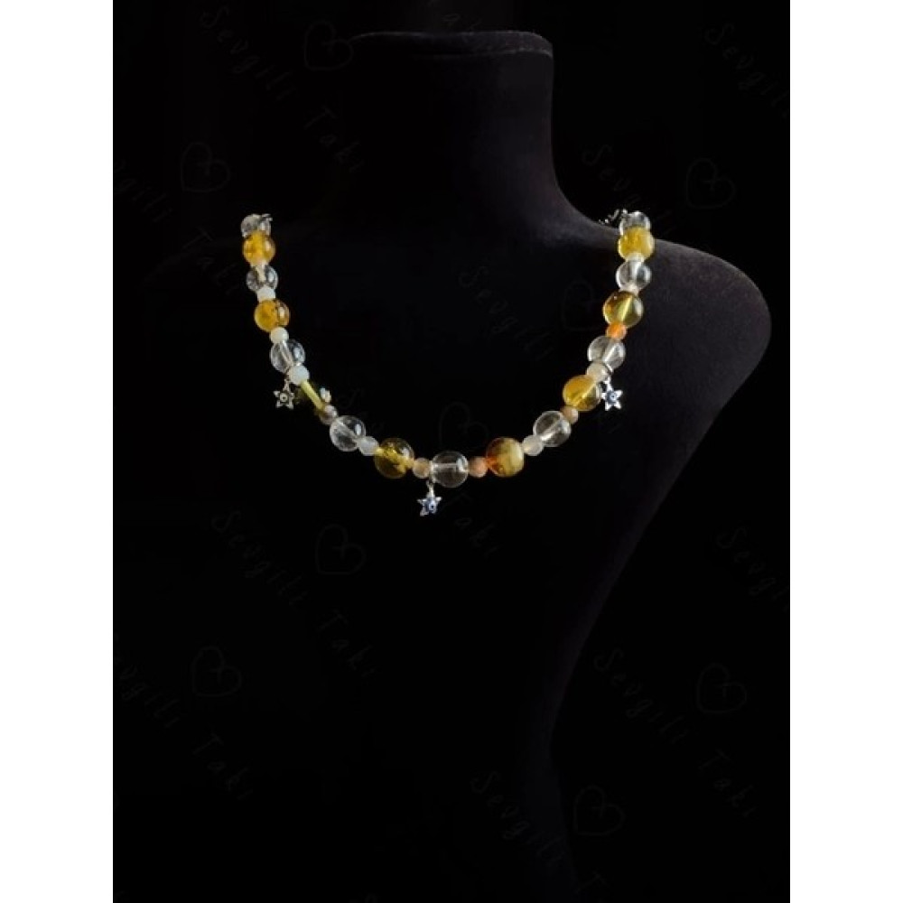 Kehribar Kristal Kuvars ve Akik Doğal Taşlı Çocuk Çelik Kolye -Koruma Serisi - 37-38cm Bijuteri Kolye Fiyatı