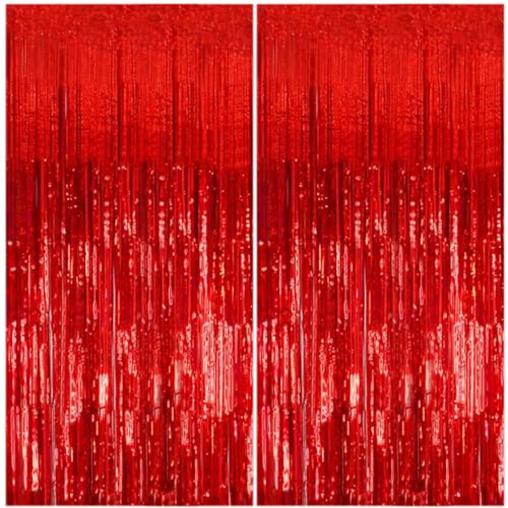 K.E.J. 2 Pack Foil Curtain Backdrop Red Metallic Tinsel Foil Fringe Curtains Photo Booth Props for Birthday Wedding Engagement Baby Shower Bachelorette Christmas Holiday Celebration Party Decorations