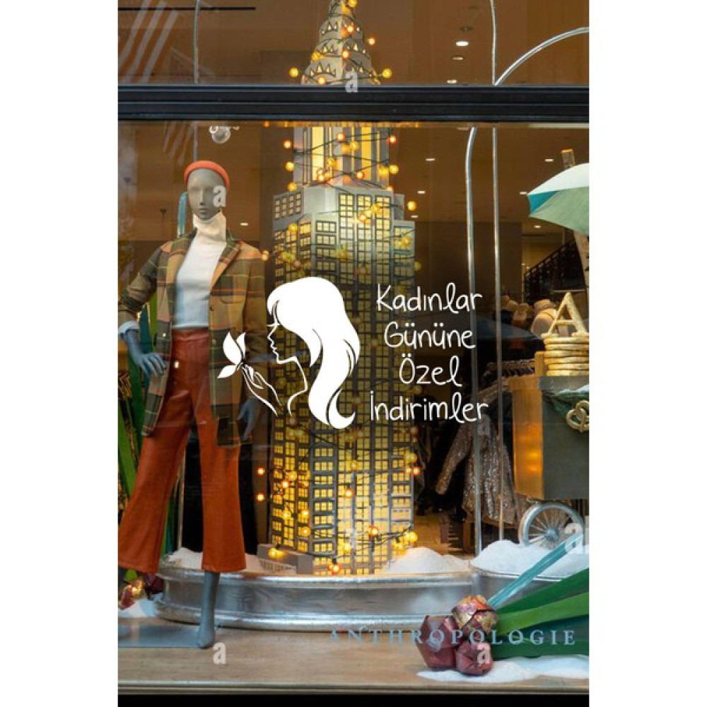 Kelebek ve Kadın 8 Mart Kadınlar Gününe Özel Indirimler Yazısı Cam Vitrin Sticker 60CM - Beyaz - 60 cm Duvar Stickerı Fiyatı