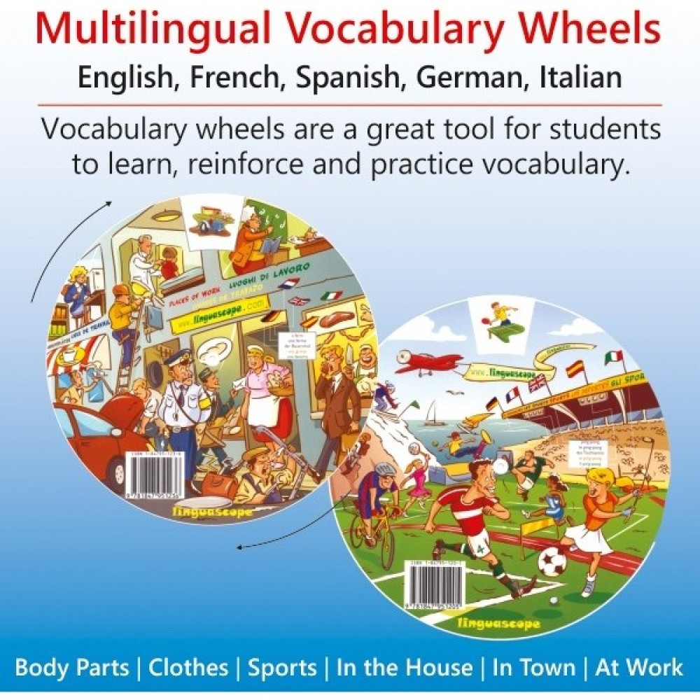 Kelime Çarkları Seti - 5 Dilde Temel Kelimeler (İngilizce, Almanca, İspanyolca, Fransızca, İtalyanca) Multilingual Vocabulary Wheels Yabancı Dil Öğretici Kitaplar ve Eğitim Setleri Fiyatı
