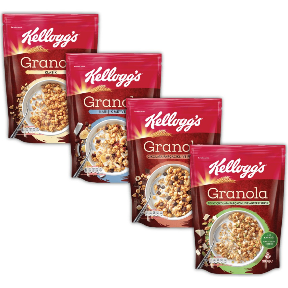 Kellogg's 4lü Granola Paketi, Çikolata Parçacıklı ve Fındıklı,Kurutulmuş Meyveli, Beyaz Çikolatalı ve Antep Fıstıklı, Klasik - 1 kg Kahvaltılık Gevrek Fiyatı
