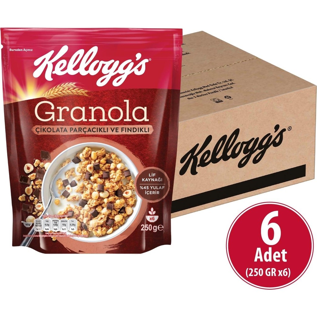 Kellogg's Çikolata Parçacıklı ve Fındıklı Granola 250 G x6 Adet, %44 Yulaf, Lif Kaynağı Kahvaltılık Gevrek - 250 gr Kahvaltılık Gevrek Fiyatı