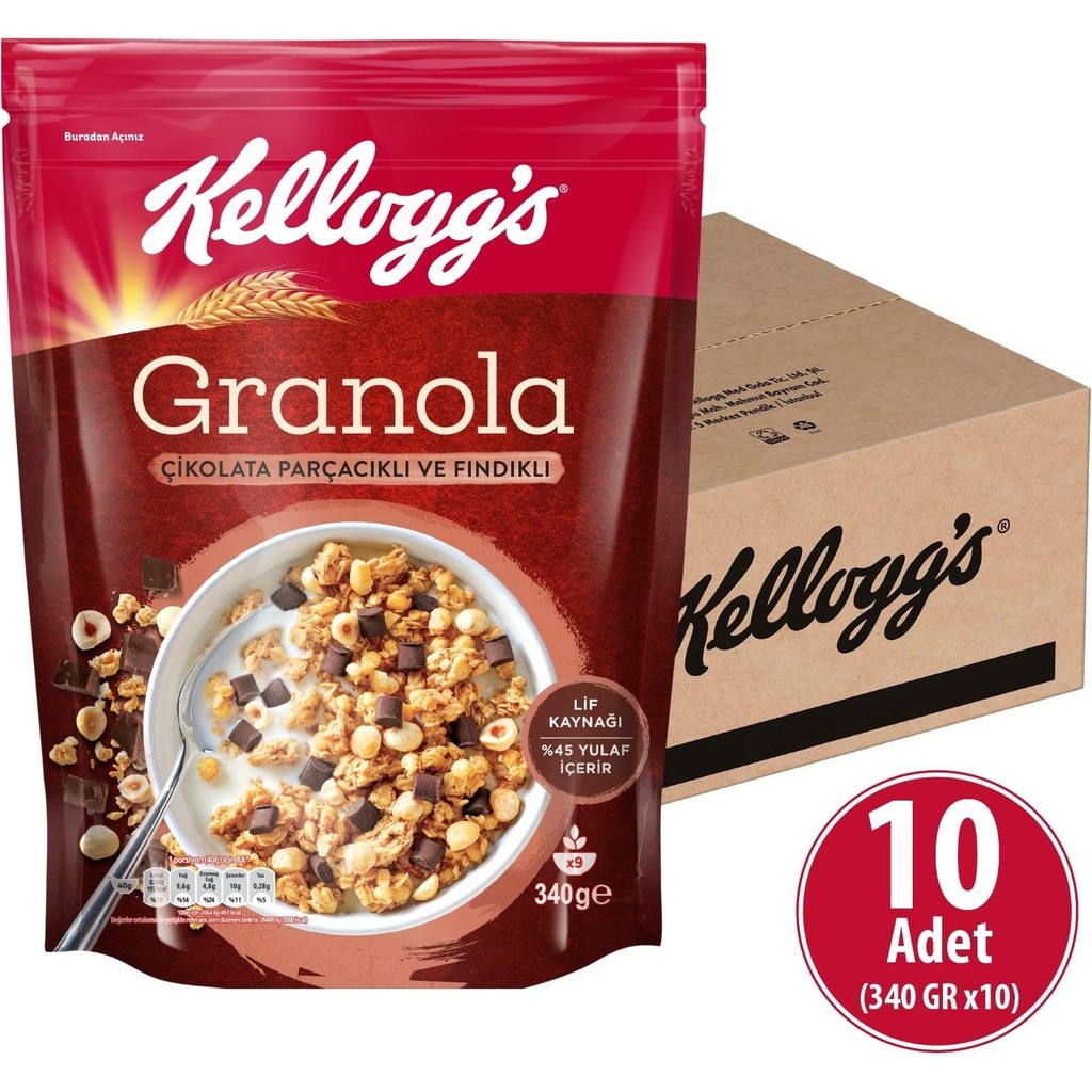 Kellogg's Çikolata Parçacıklı ve Fındıklı Granola 340 G x 10 Adet,%44 Yulaf Ezmesi, Lif Kaynağı Kahvaltılık Gevrek - 340 gr Kahvaltılık Gevrek Fiyatı