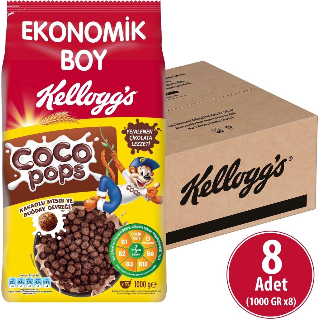 Kellogg's Coco Pops Topları 1000 gr x 8 Adet - 1 kg Kahvaltılık Gevrek Fiyatı